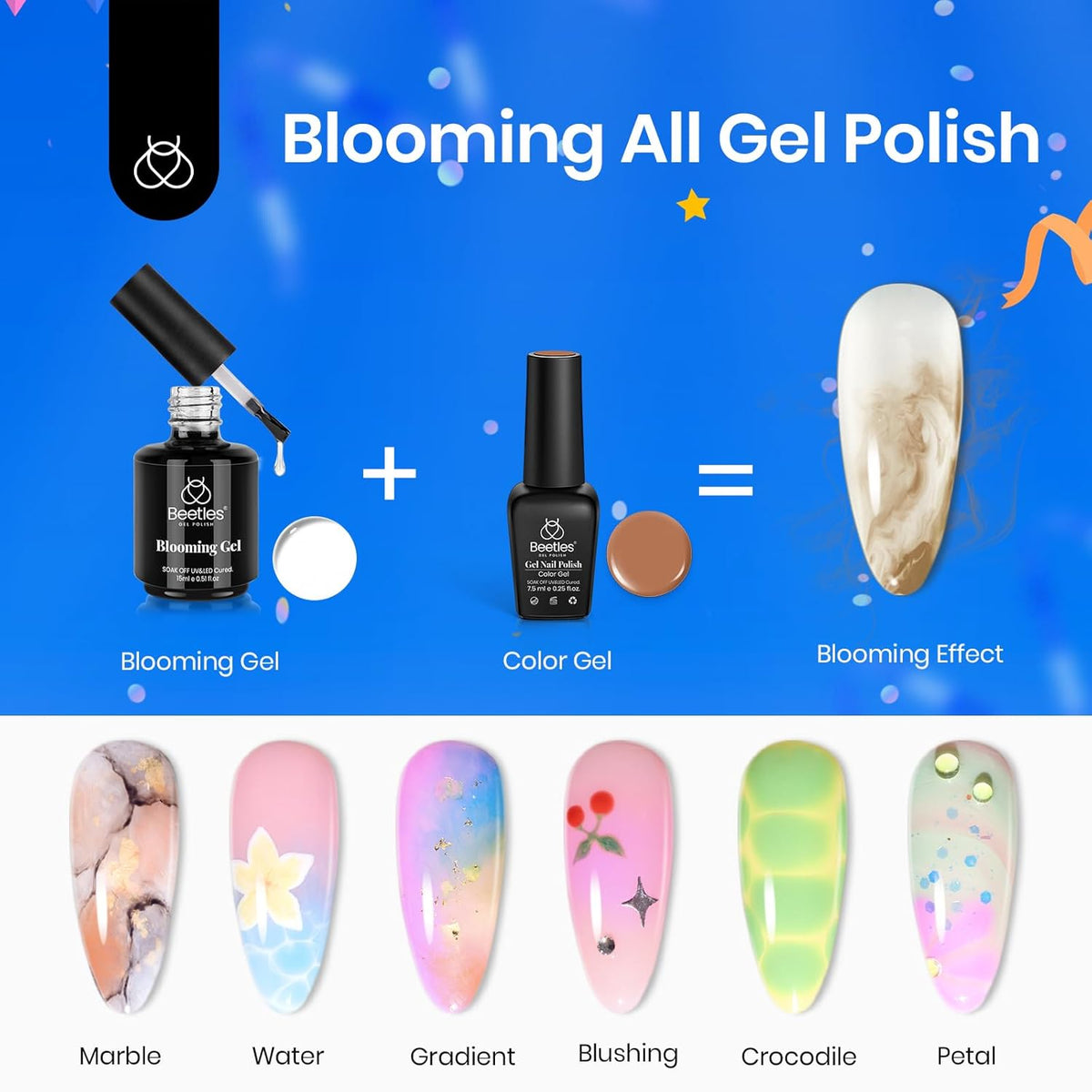 Beetles Blooming Gel & Base Top Coat Set, 3PCS 15ML Shine Finish Long Lasting No Wipe Top Coat Gel