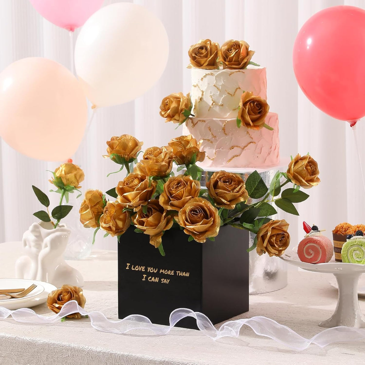 Tifuly Gold Roses Artificial Flowers -12Pcs Realistic Single Long Stem Fake Silk Roses Bouquet for