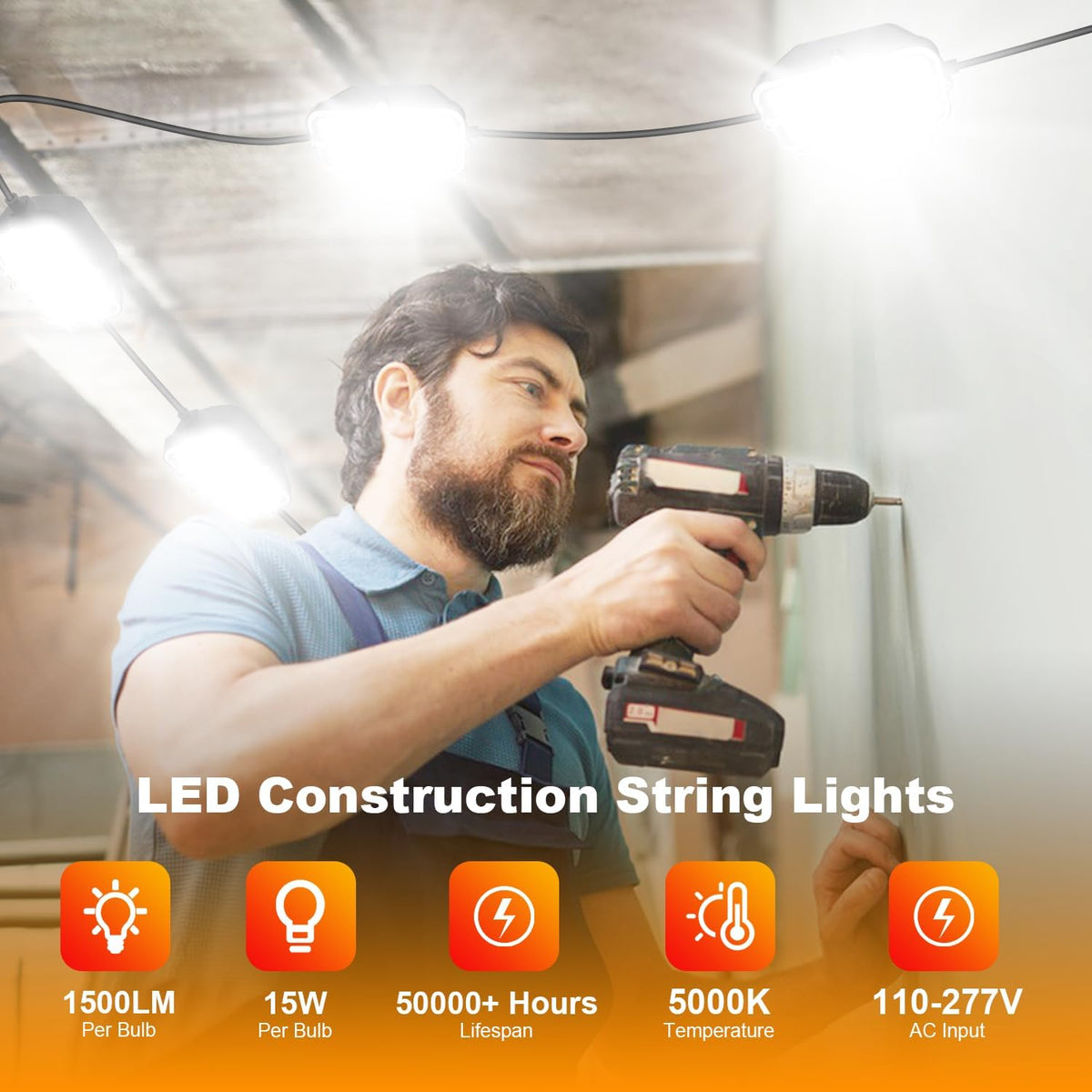 100FT LED Construction String Lights, 150W Super Bright 15000LM Plug in Linkable String Work