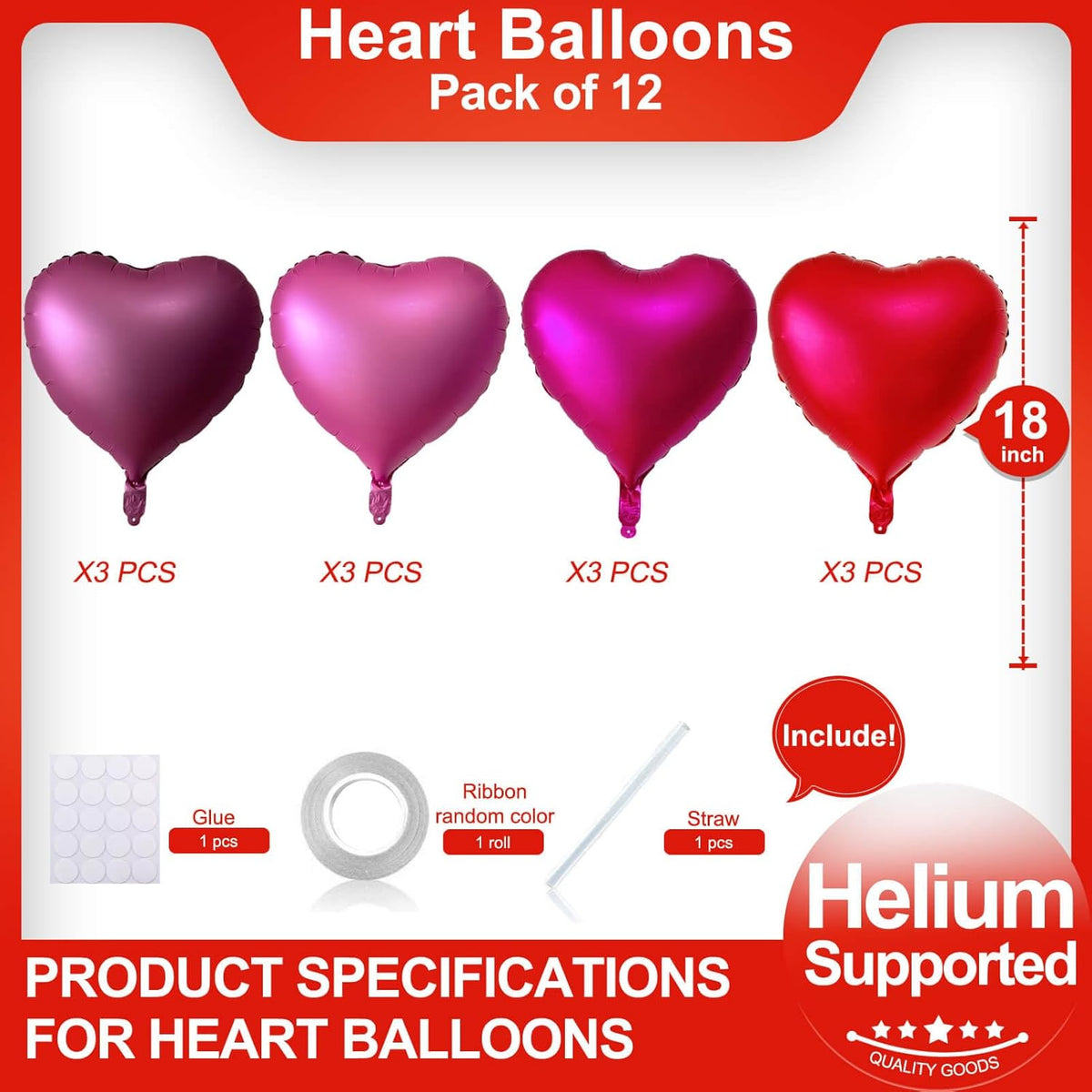 12 Pcs Red Heart Shaped Metallic Balloons 18 Inch Valentine Balloons for Valentines Day Bridal