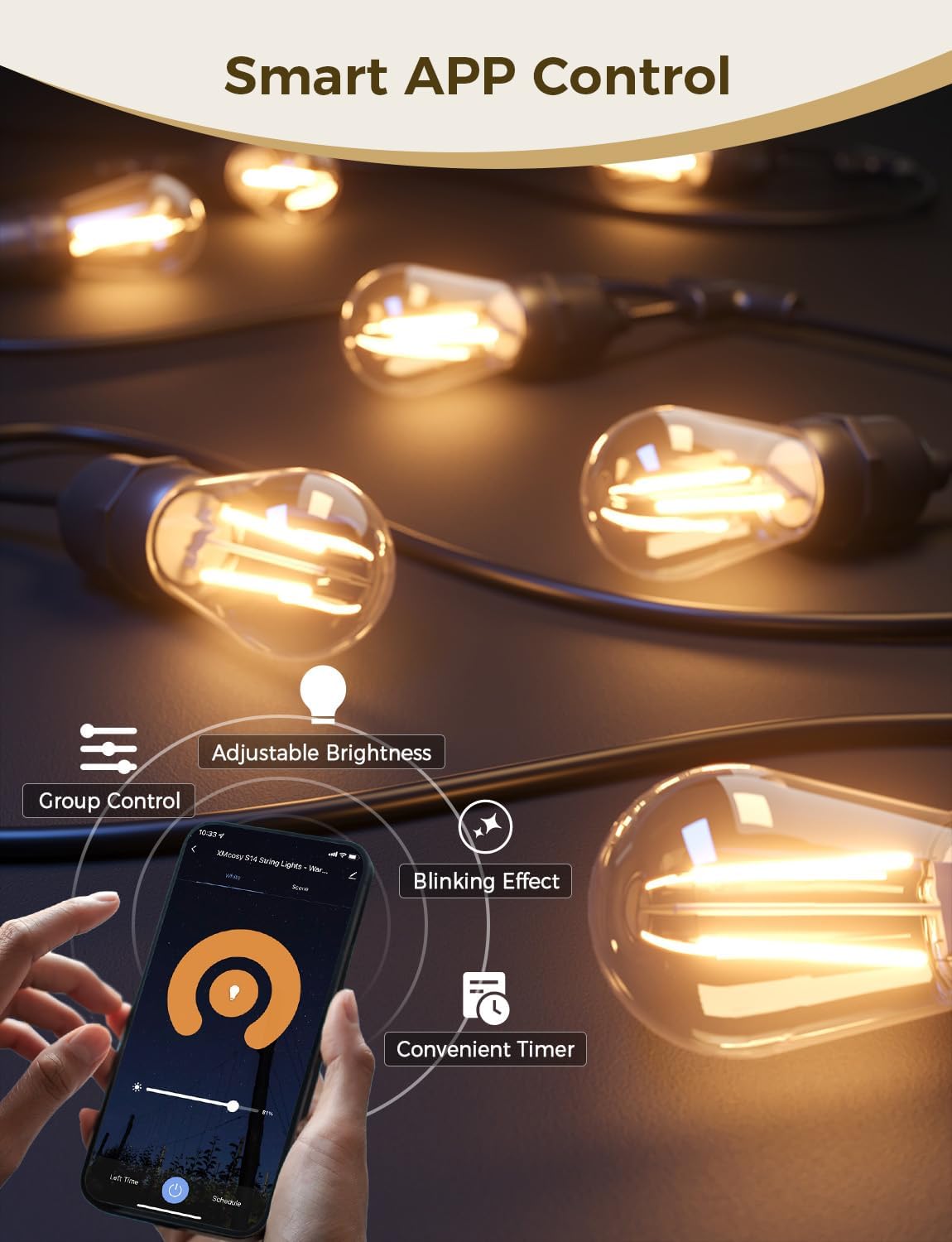 XMCOSY+ Smart Outdoor String Lights, 123Ft LED Patio Lights Waterproof IP65, App Control
