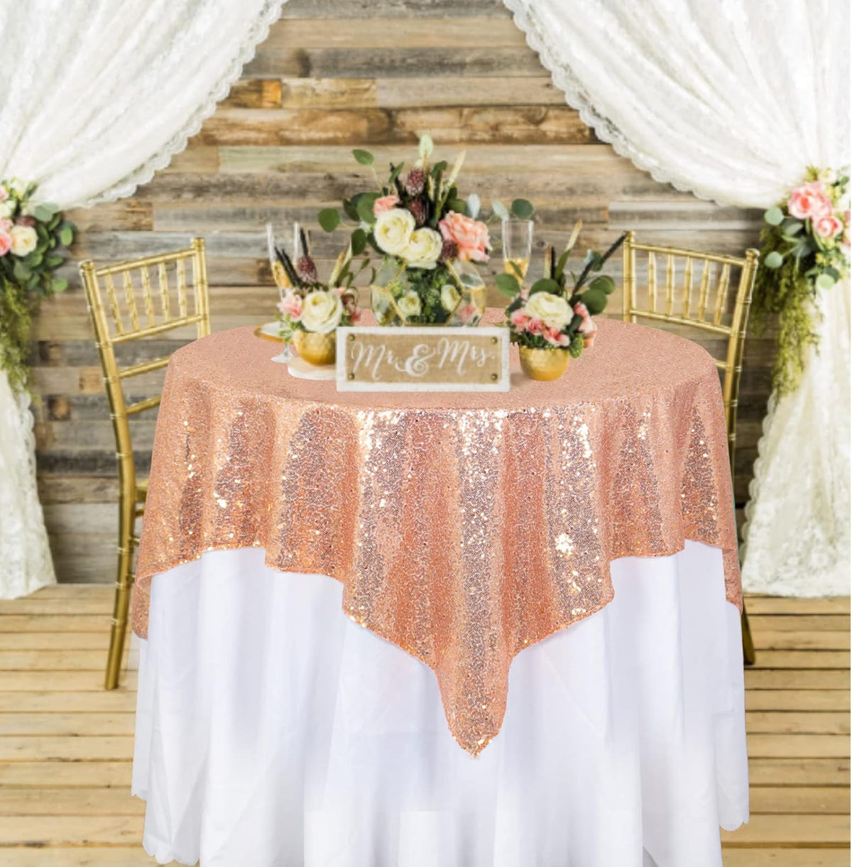 ShinyBeauty Small Tablecloth Square 36x36-Inch Rose Gold Sequin Tablecloths Glitter Table Cover