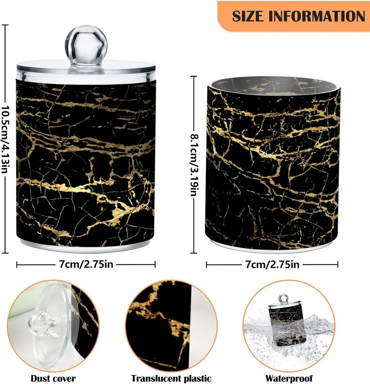 Qtip Holder Dispenser 2 Pack Gold Black Marbling Bathroom Decorative Storage Canister Holder
