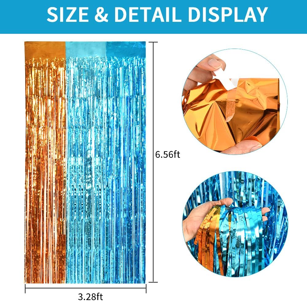 TONIFUL Orange Blue Door Streamers,Blue and Orange Photo Booth Backdrop Metallic Streamers Foil