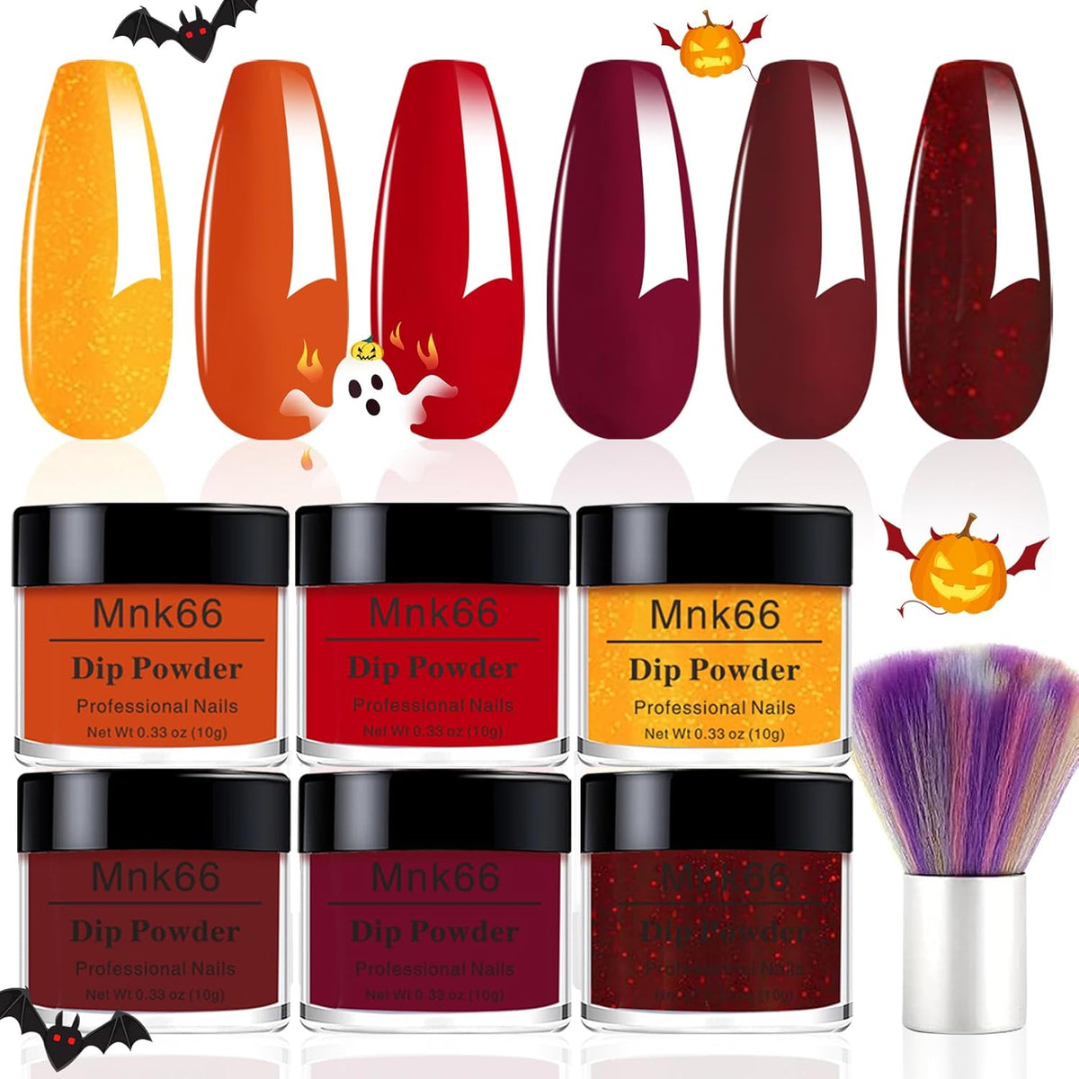 6 Colors Dip Powder Set, Red Orange Glitter Hallowen Dipping Powder Color Set, Glossy Nail Art