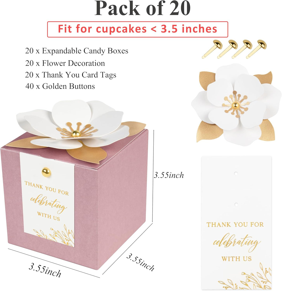 FEIYI 20 PCS Dusty Rose Gift Boxes, 3 In 1 Favor Boxes with Floral Decor, White Thank You Tags