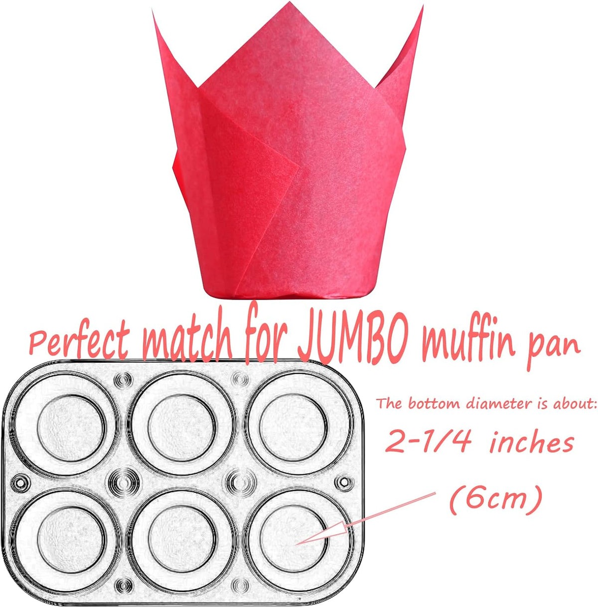 Red colour Large size Tulip Baking Cups 2-1/4"(Base diameter) x 4"(Wall height) Greaseproof paper