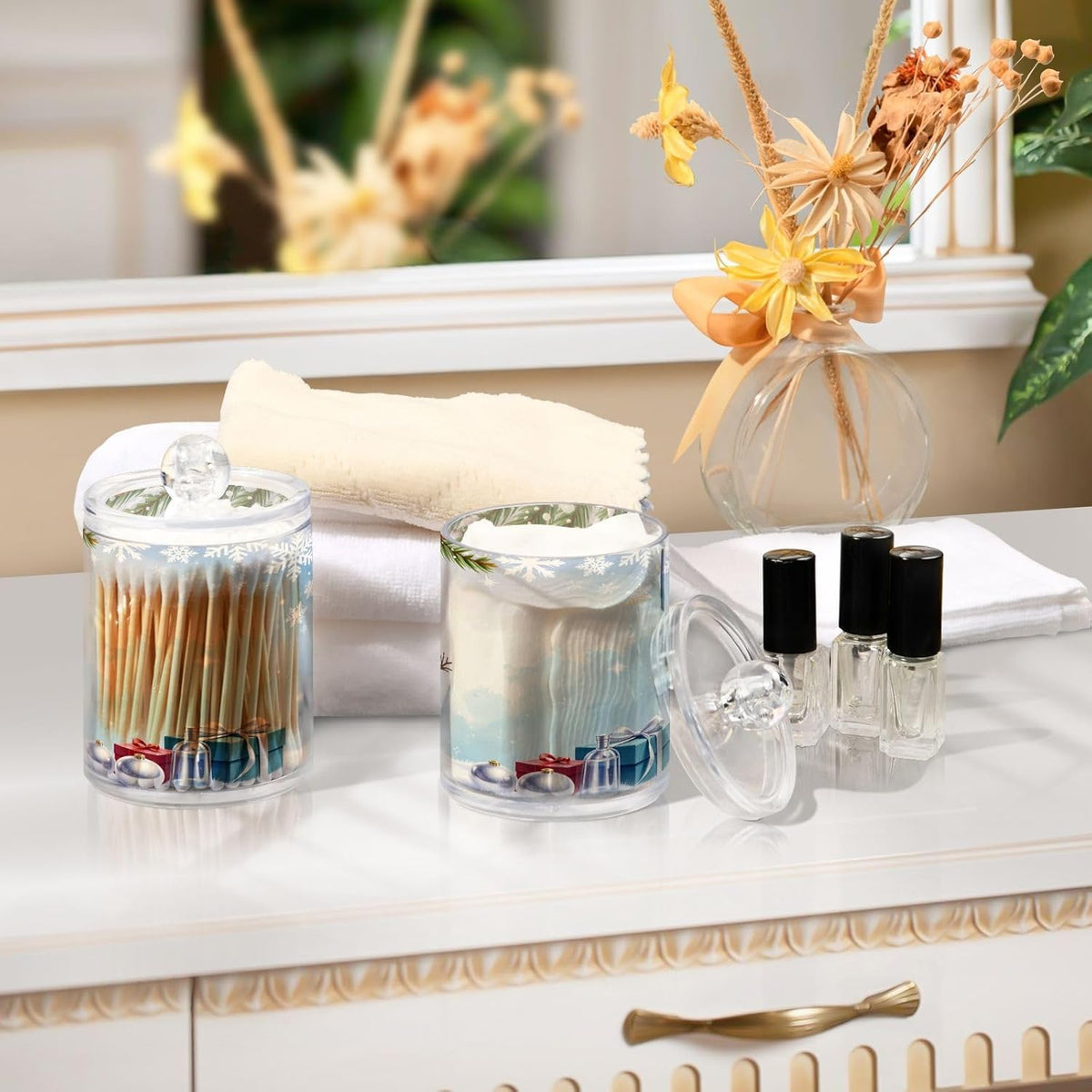 Gredecor Christmas Winter Qtip Holder Dispenser 2 Pack Snowman Snowflake Pine Cones Gifts Bathroom