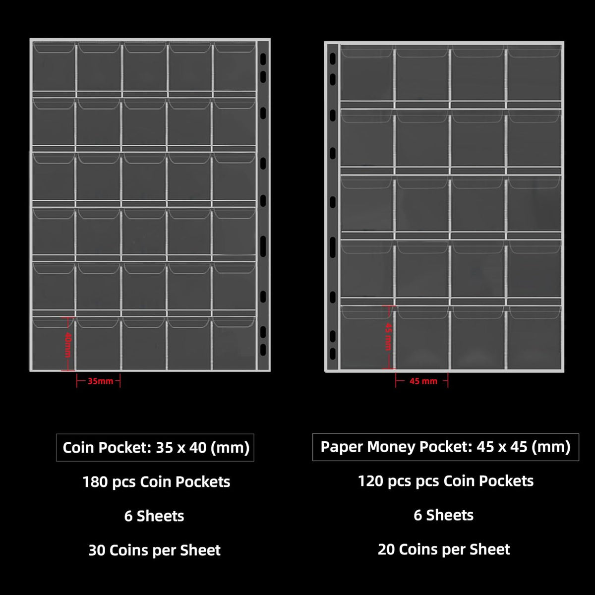 Coin Collection Book Holder for Collectors, 300 Pockets Fireproof Coins Collecting Album & 36