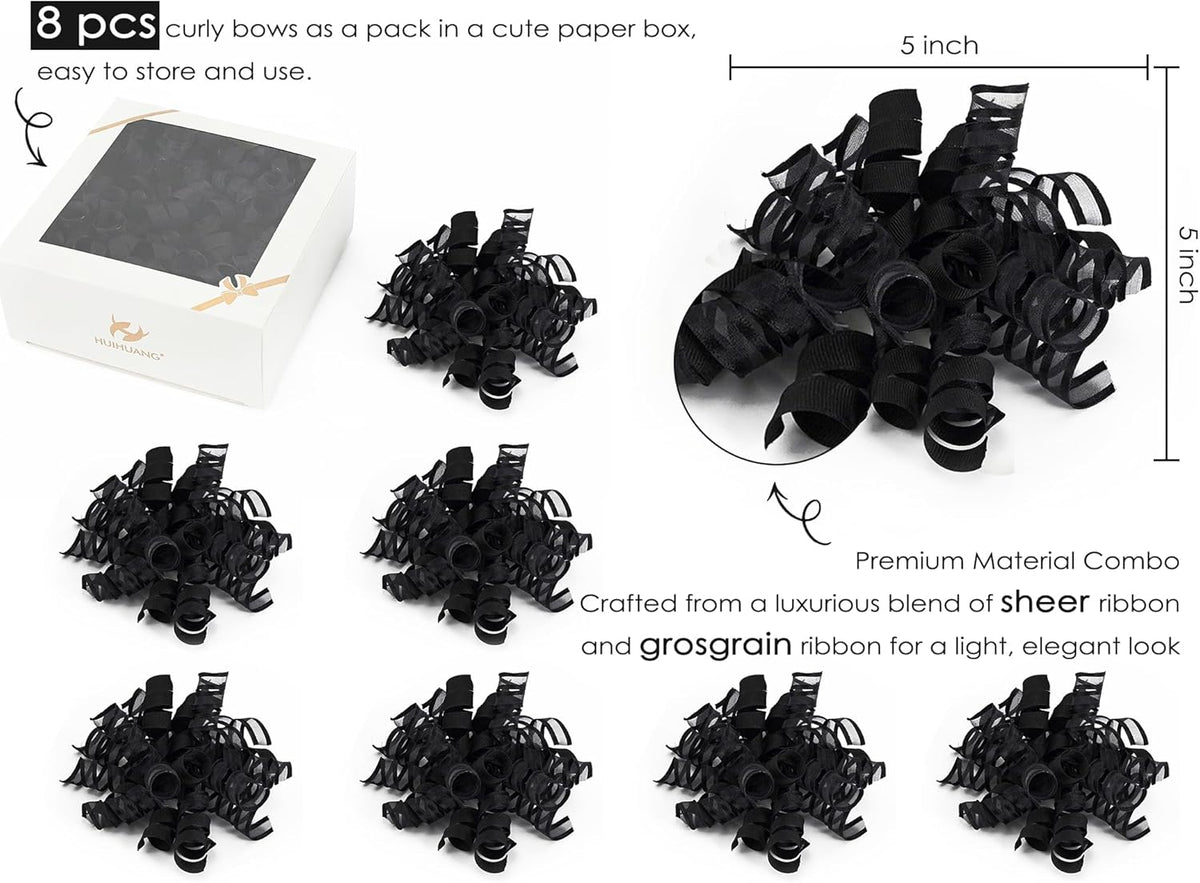 HUIHUANG Black Bows for Gift Wrapping Curly Gift Bow 5 inch x 8 Counts Self-Adhesive Ribbon Bows
