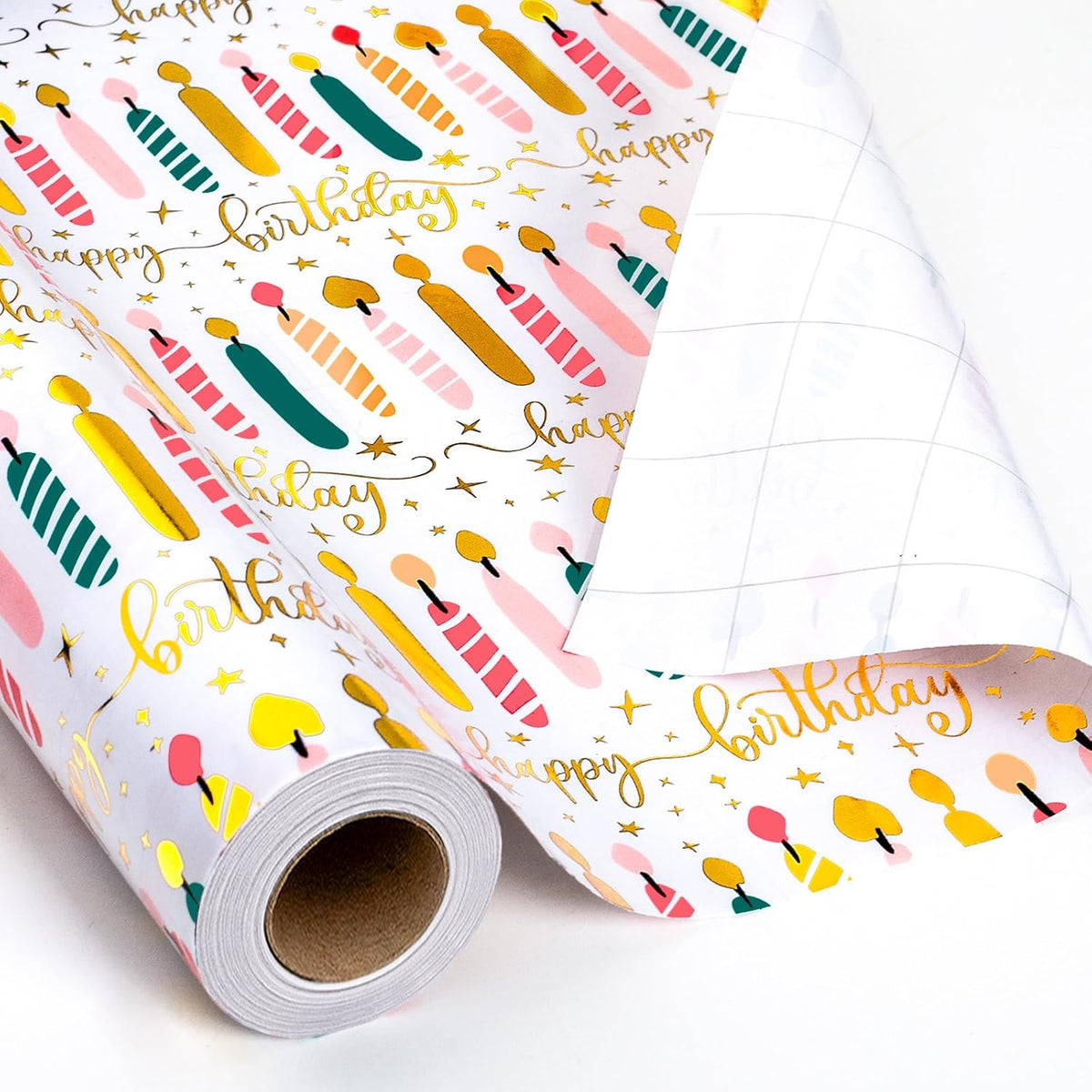 Yarcony Birthday Candle Wrapping Paper Roll - 17Inch X 33Feet - Elegant Rainbow Gold Foil Candles