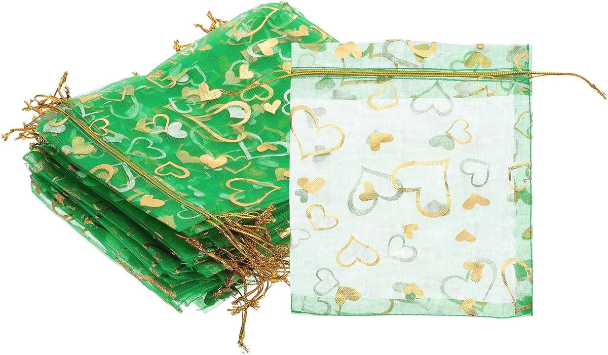 PATIKIL 100 Pcs 5x7 Inch Heart Printed Organza Bags, Green Sheer Heart Organza Bags with Drawstring