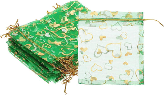 PATIKIL 100 Pcs 5x7 Inch Heart Printed Organza Bags, Green Sheer Heart Organza Bags with Drawstring