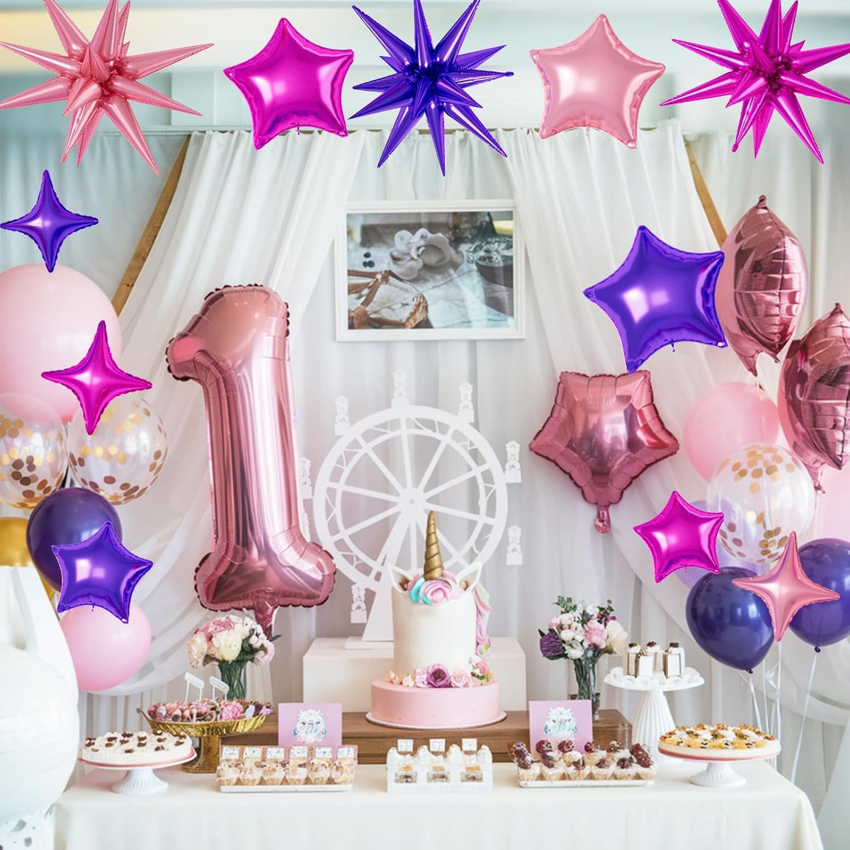 16 Pcs Hot Pink Purple Star Balloons, 22/18/10 Inch Foil Balloons, Four-Pointed Balloon for Girl
