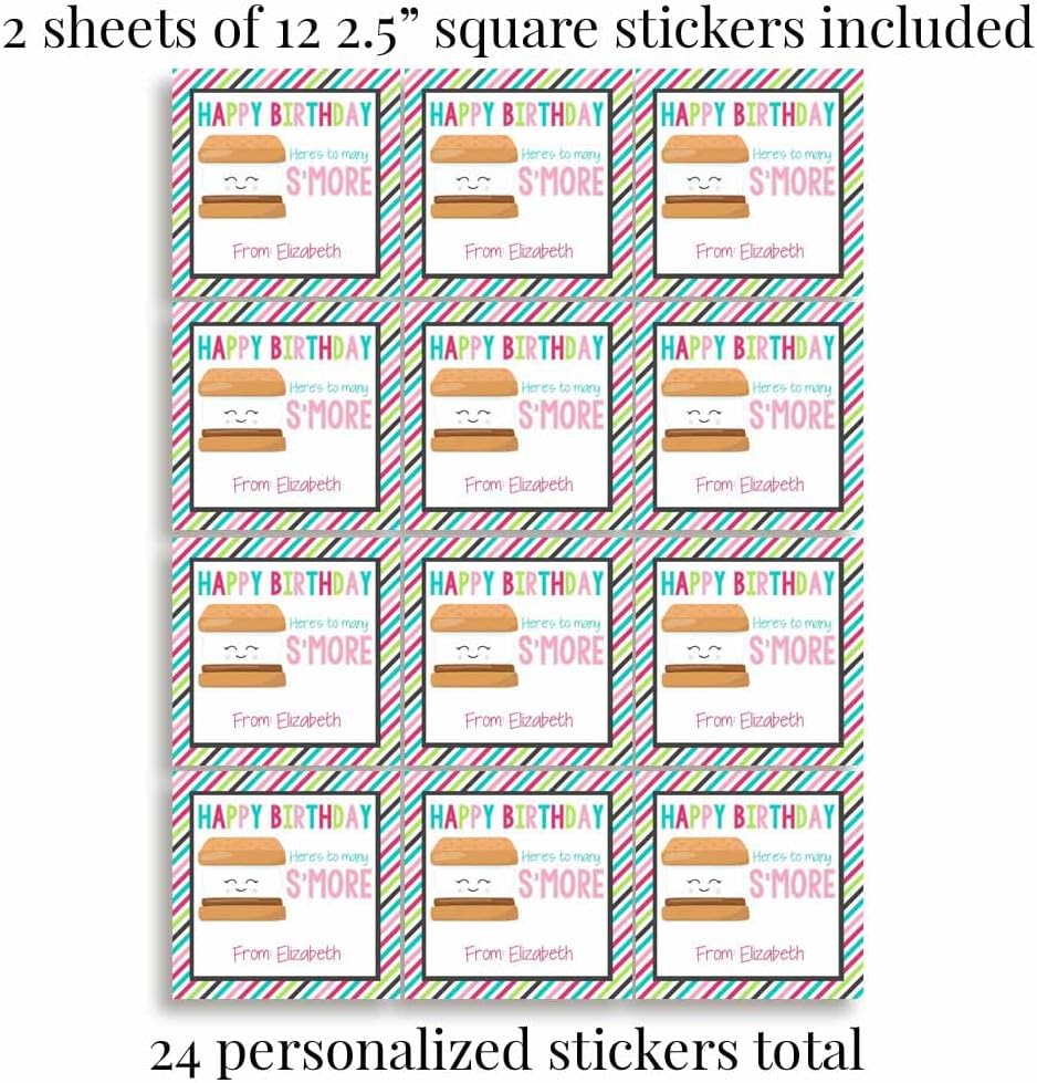Custom & Personalized Many S'More Happy Birthday Gift Tag Sticker Labels, 24 2.5" Square Stickers