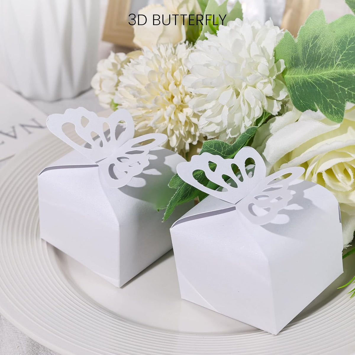 VGOODALL 50PCS Party Favor Boxes, 2.4" x 2.4" x 1.8" 3D Butterfly Candy Boxes White Baby Shower
