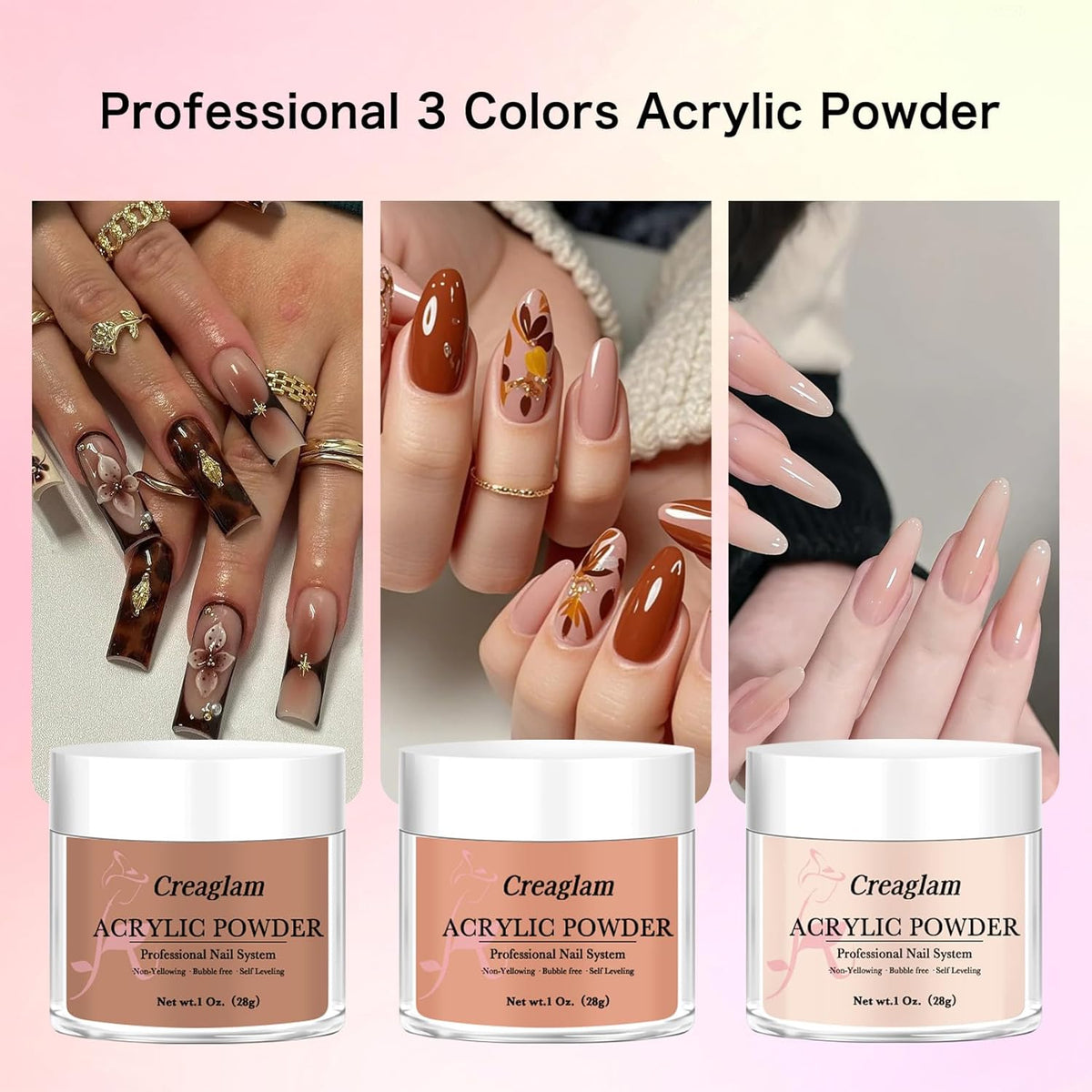 Super Acrylic Powder 28g: 3Pcs Large Capacity Imperial Topaz Carnelian Nail Polymer for 3D Art