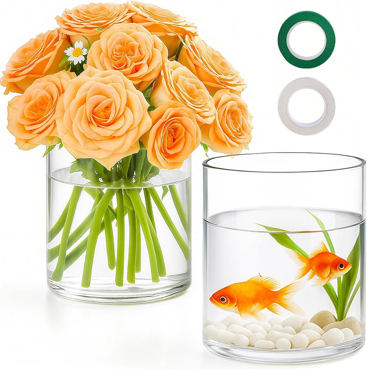 2Pcs Glass Cylinder Vases for Centerpieces, 6" x 4.7" Wide Mouth Flower Vase Hurricane Glass Candle