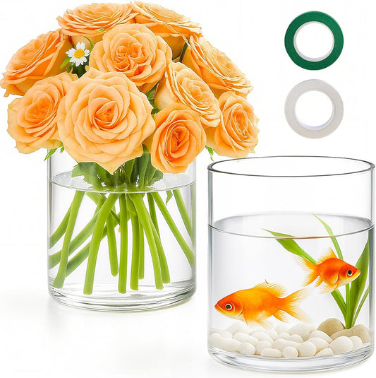 2Pcs Glass Cylinder Vases for Centerpieces, 6" x 4.7" Wide Mouth Flower Vase Hurricane Glass Candle
