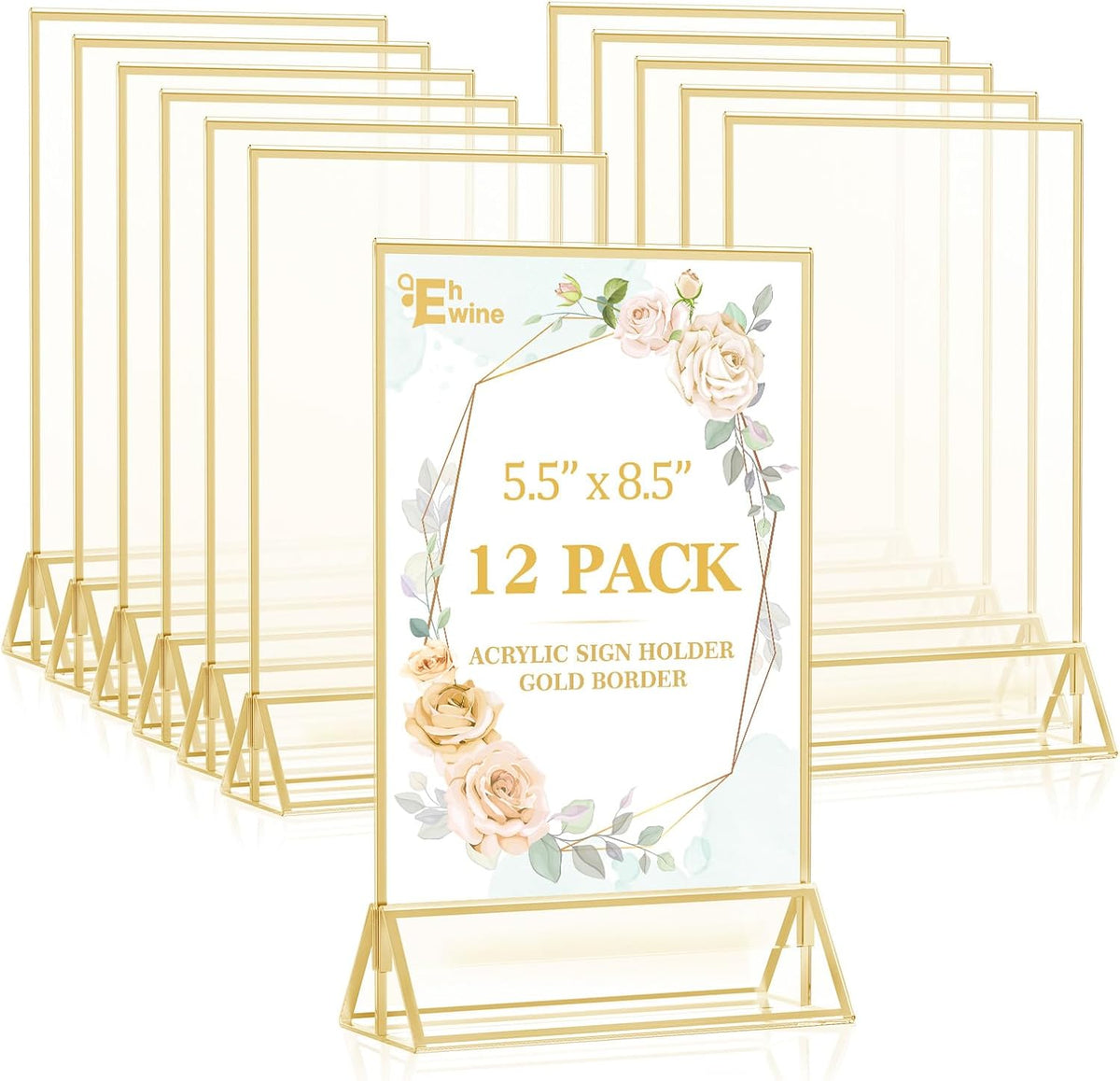 EHWINE 12 Pack Acrylic Sign Holder 5.5 x 8.5, Double Sided Gold Picture Frame Stand up Table Top