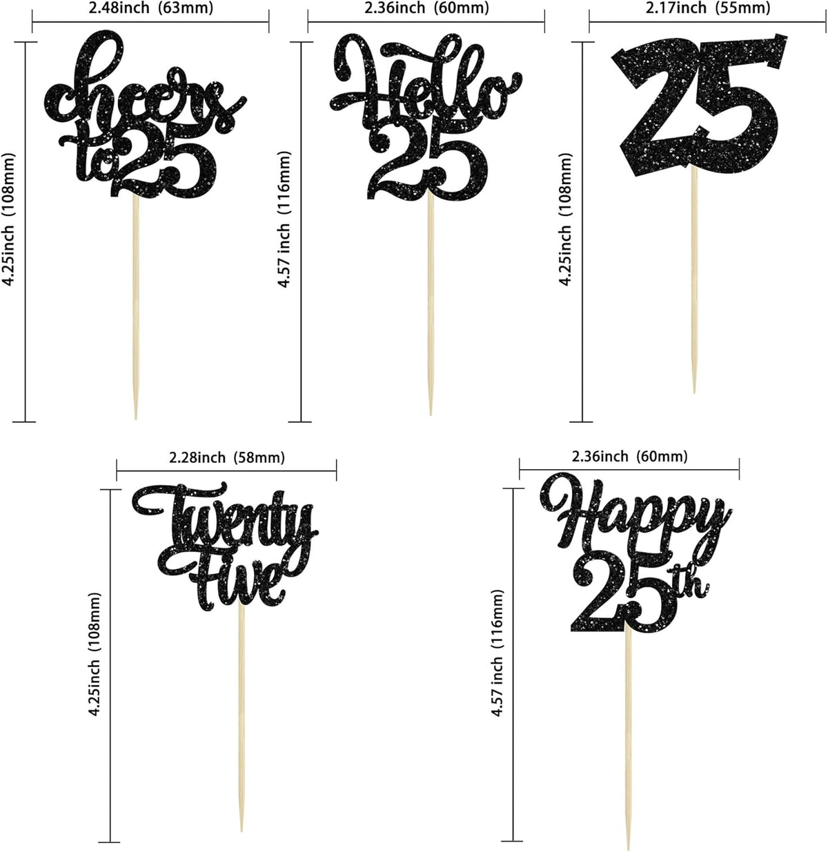 30pcs 25th Birthday Cupcake Toppers - 25th Anniversary Cake Decorations with Black Glitter