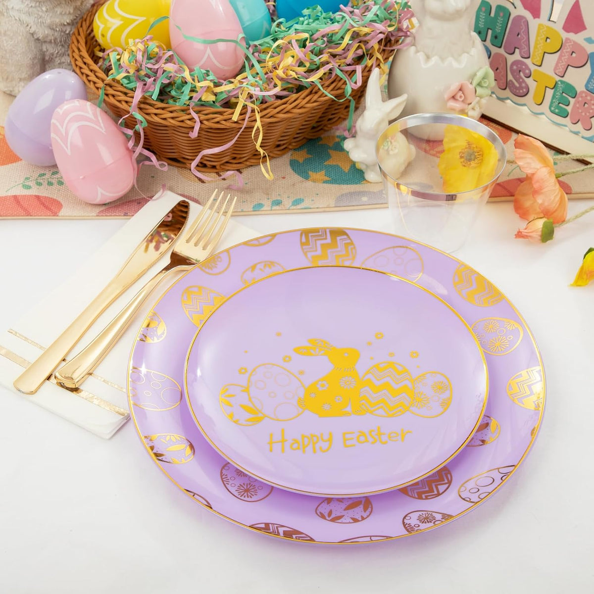 Festiva 175Pcs Easter Plates and Napkins Disposable - Purple and Gold Plastic Dinnerware Set for 50