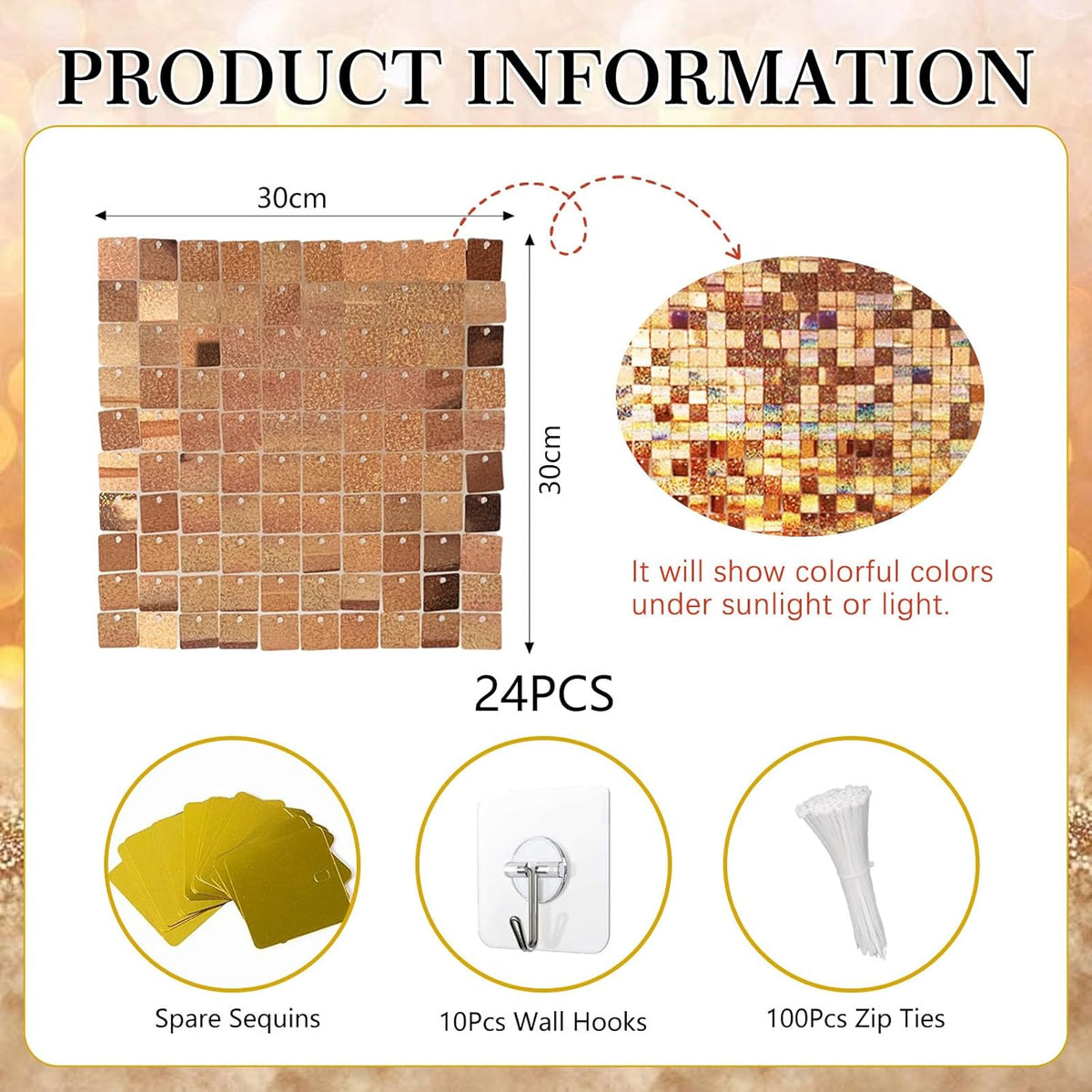 24PCS Champagne Shimmer Wall Backdrop, Laser Square Sequin Photo Backdrops Panel, Glitter Wall