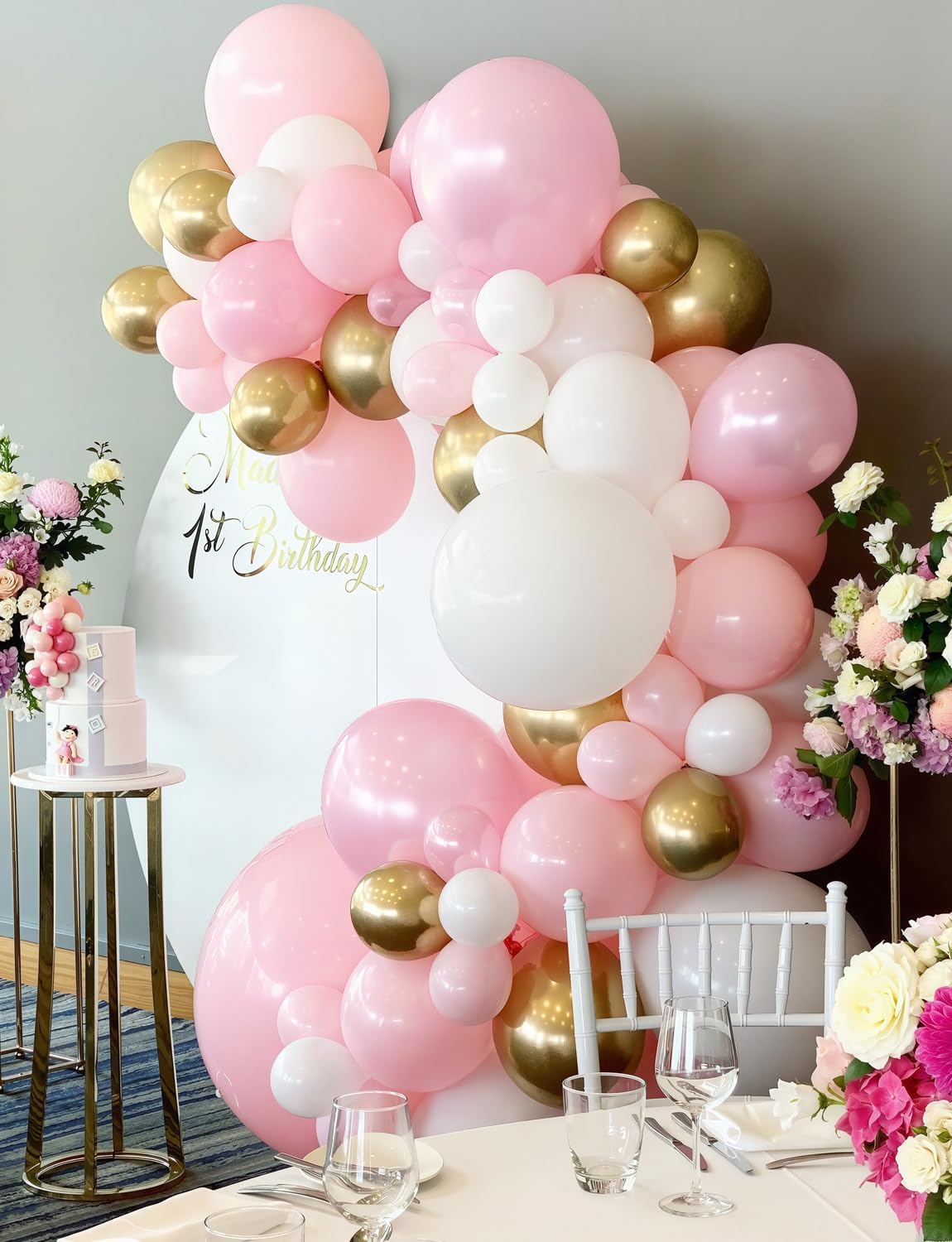 Pink and Gold Balloons Set - 12 Inch Light Pink White Balloons Shiny Metallic Gold Balloon Glitter