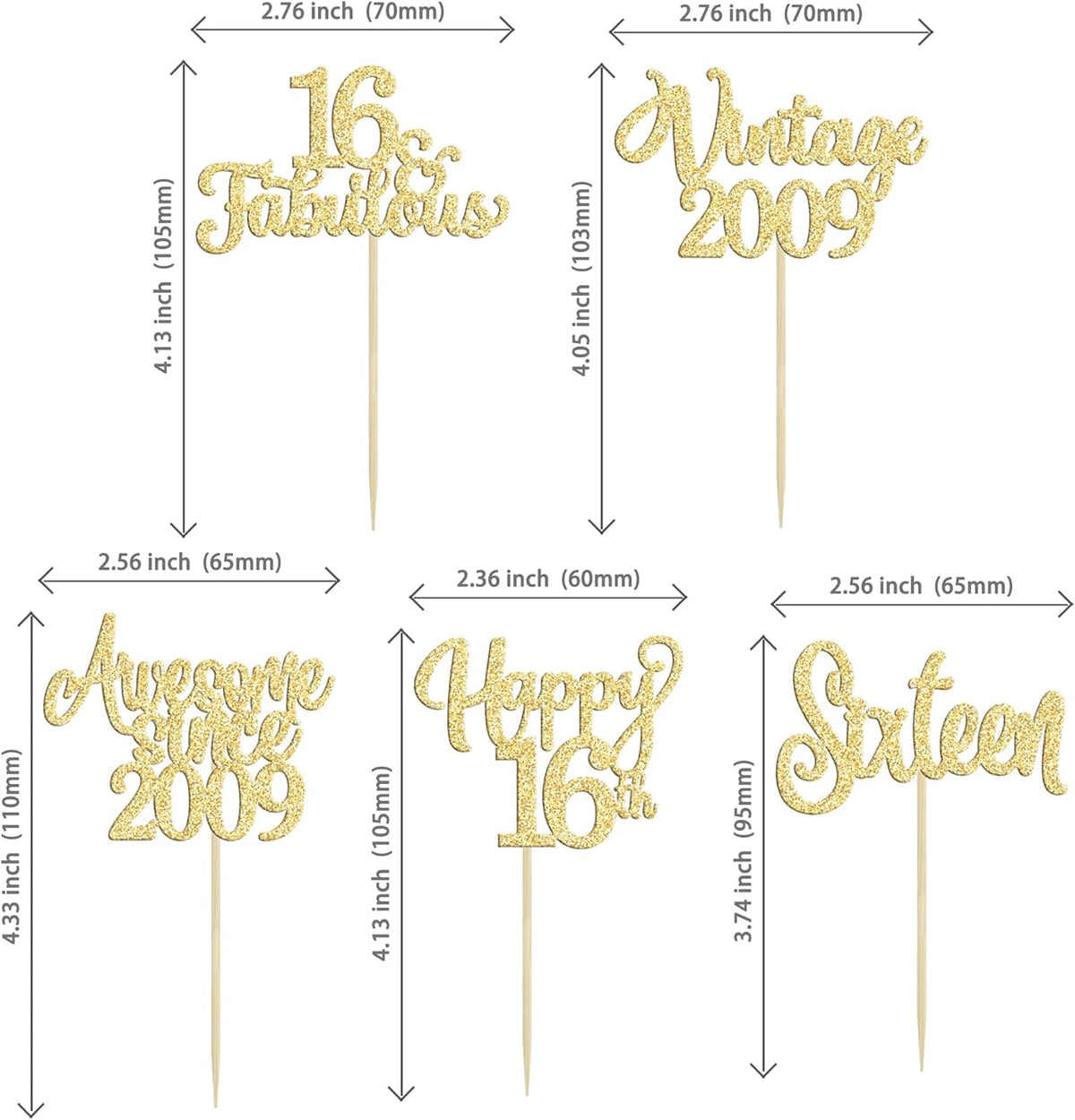 30Pcs Vintage 2009 Cupcake Toppers Glitter Sixteen Happy 16th Birthday 16 Fabulous Cupcake Picks