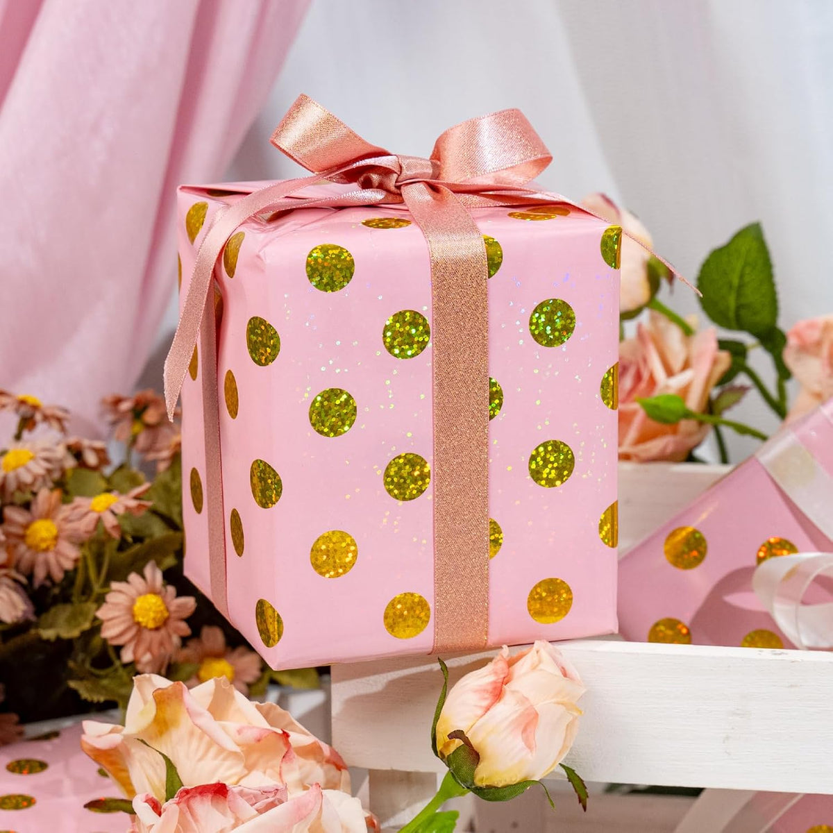 Burymento Pink Holographic Dots Wrapping Paper, Reversible Gold Gift Wrap for Birthday, Valentines