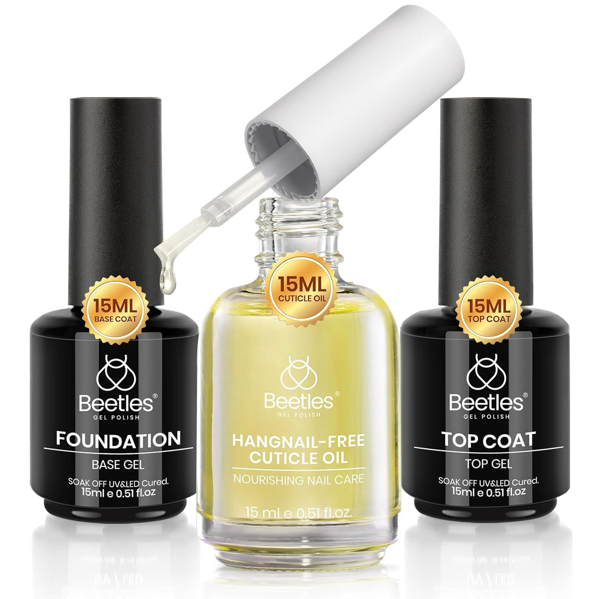 Beetles Gel Top Coat Base Coat Cuticle Oil Set, 3Pcs 15ml No Wipe Top Coat Gel Nail Polish Glossy