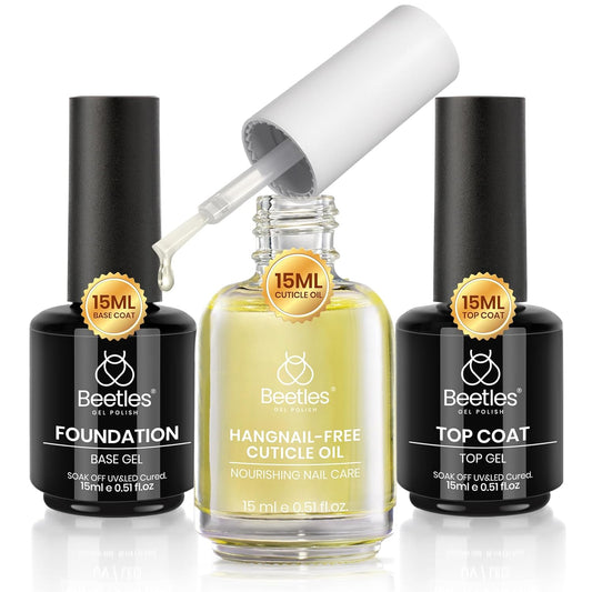 Beetles Gel Top Coat Base Coat Cuticle Oil Set, 3Pcs 15ml No Wipe Top Coat Gel Nail Polish Glossy