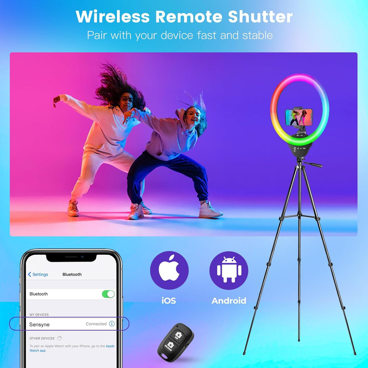 Sensyne 10'' RGB Ring Light with 50'' Extendable Tripod Stand, Circle Lights with Phone Holder for