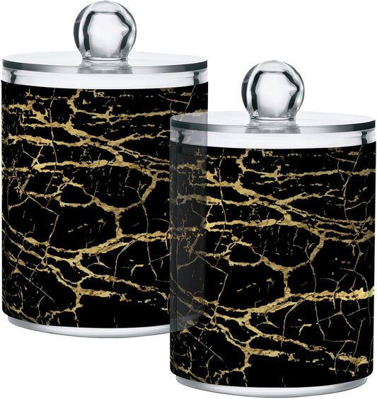 Qtip Holder Dispenser 2 Pack Gold Black Marbling Bathroom Decorative Storage Canister Holder