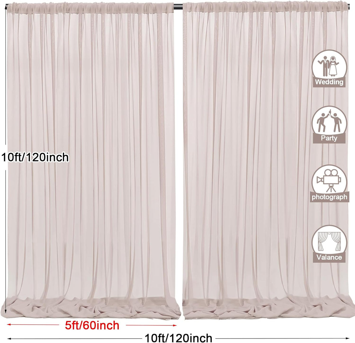PARTISKY 10ftx10ft Taupe Chiffon Sheer Backdrop Curtains, Wrinkle-Free Wedding Backdrop Drapes for