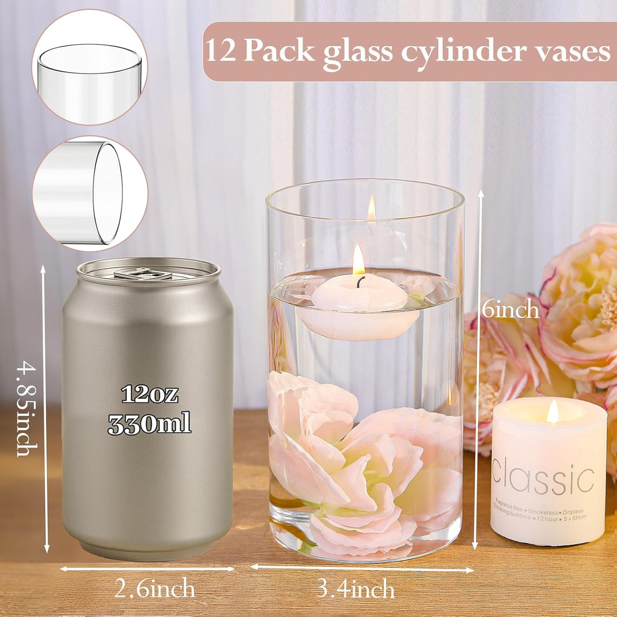 12pcs Glass Cylinder Vases for Centerpieces, 6 Inch Clear Flower Vases for Wedding Decorations and