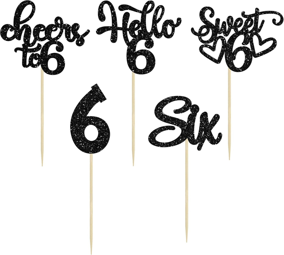 30Pcs 6th Birthday Cupcake Toppers Glitter Six Hello 6 Cupcake Picks Cheers to 6 Years Old Cake