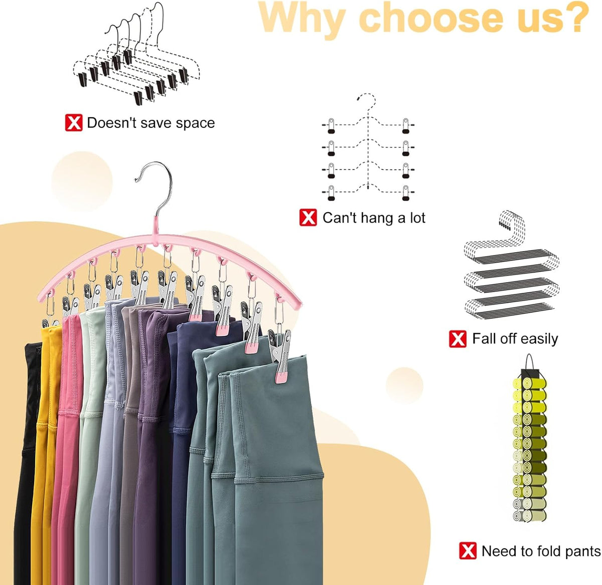 Legging Organizer for Closet, Metal Yoga Pants Hangers 2 Pack w/10 Clips Holds 20 Leggings, Space