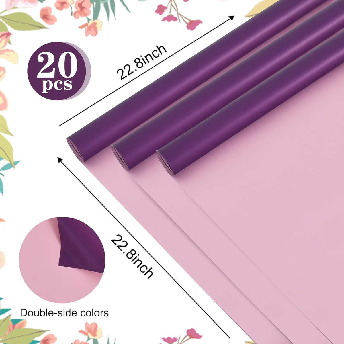 BEISHIDA 20Pcs Pink and Purple Double Sided Floral Wrapping Paper Matte Waterproof Flower Bouquet