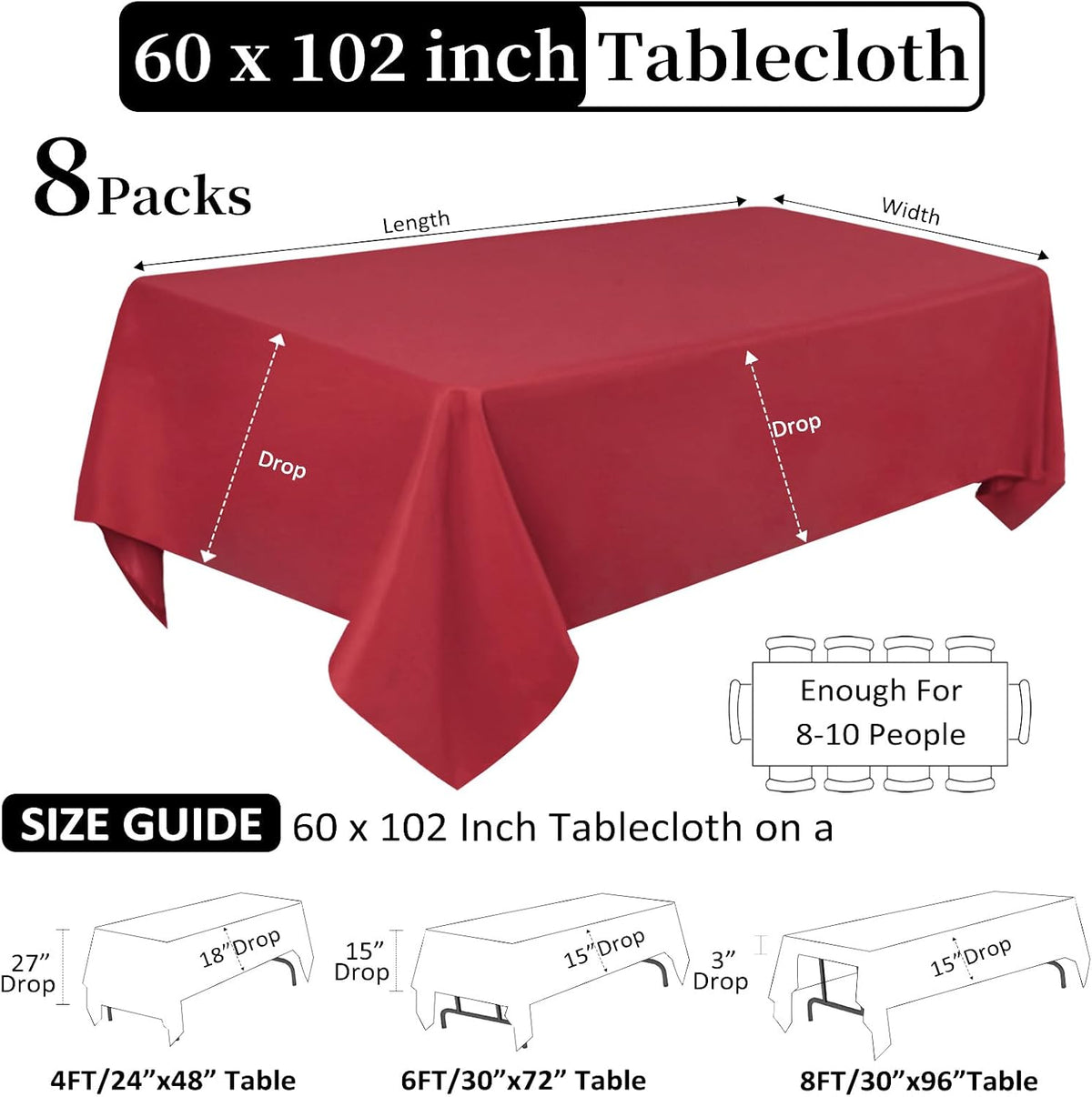 8 Pack Red Tablecloth 60 x 102 Inch Rectangular Tablecloths for 6 Foot Rectangle Tables, Wrinkle