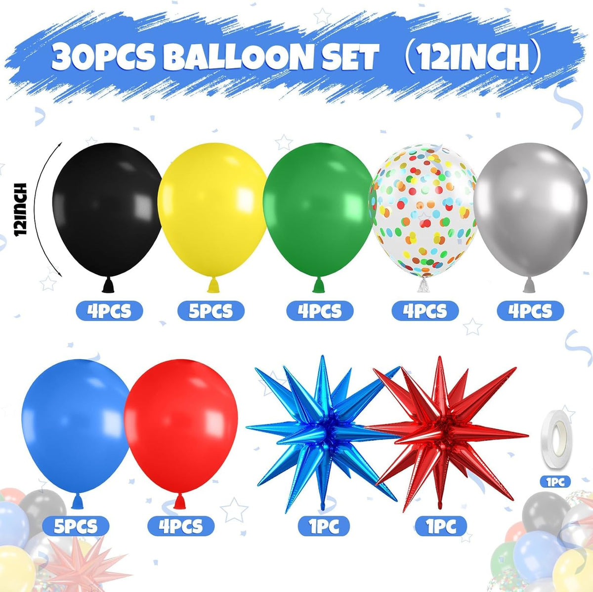 Black and Red Yellow Blue Balloons, 12 Inch Black Red Yellow Blue Green Metallic Silver Confetti