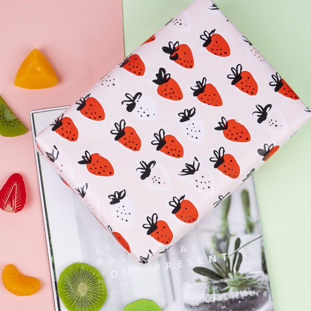 WRAPAHOLIC Reversible Strawberry Wrapping Paper - Mini Roll - 17 Inch X 33 Feet - Sweet Strawberry
