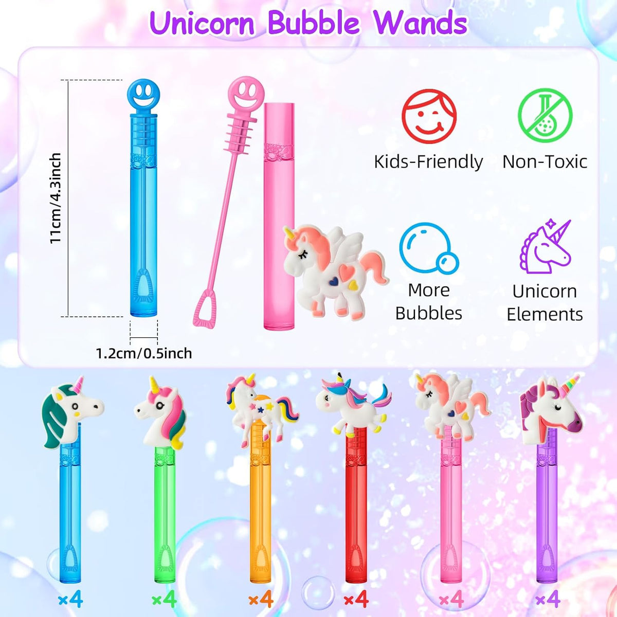 AFZMON 24 Unicorn Party Favors Bubble Wands for Kids, Rainbow Horse Mini Bubbles Wand Toys, Rainbow