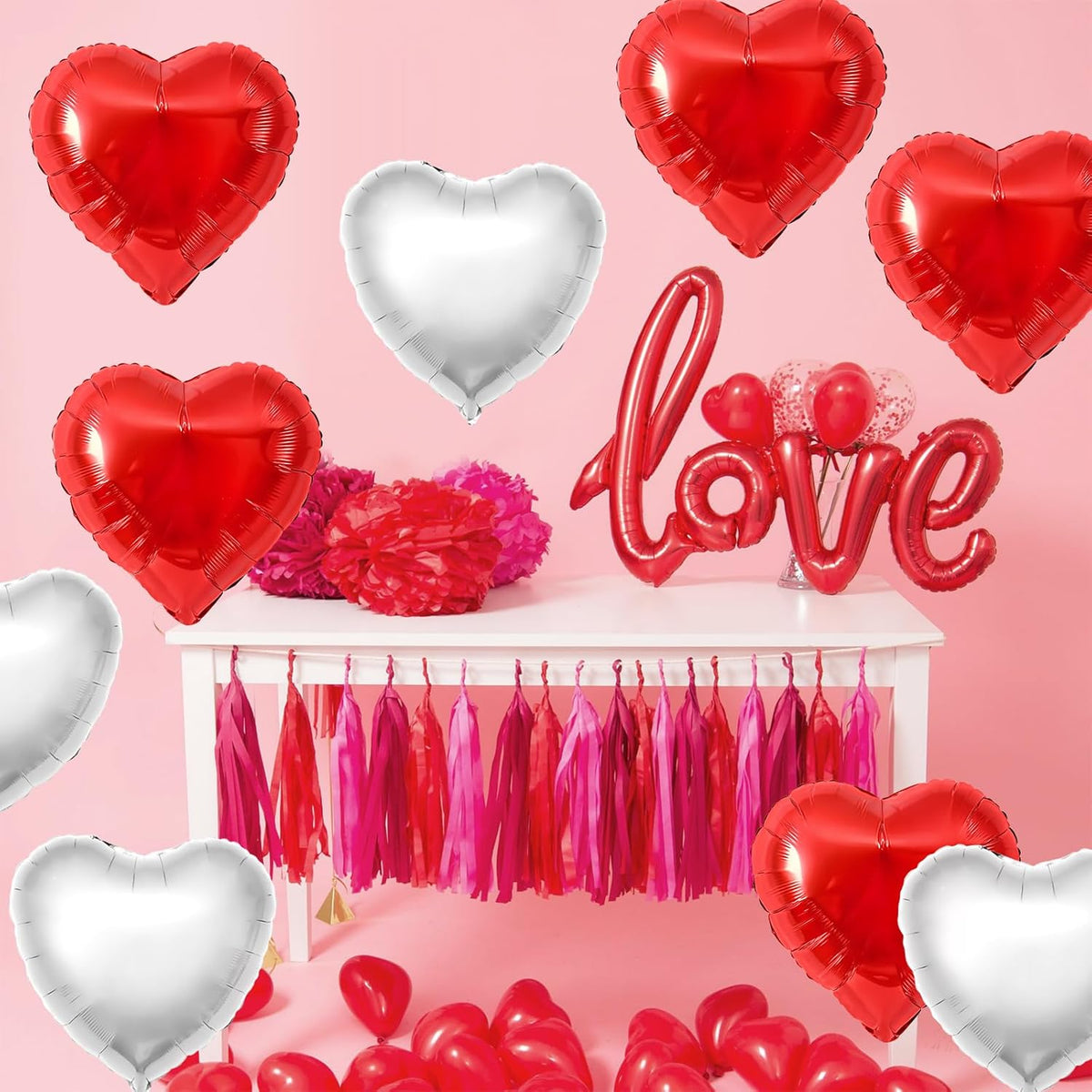 Red Silver Heart Balloons,12Pcs 18Inch Silver Red Heart Shaped Foil Helium Foil Balloons for Baby