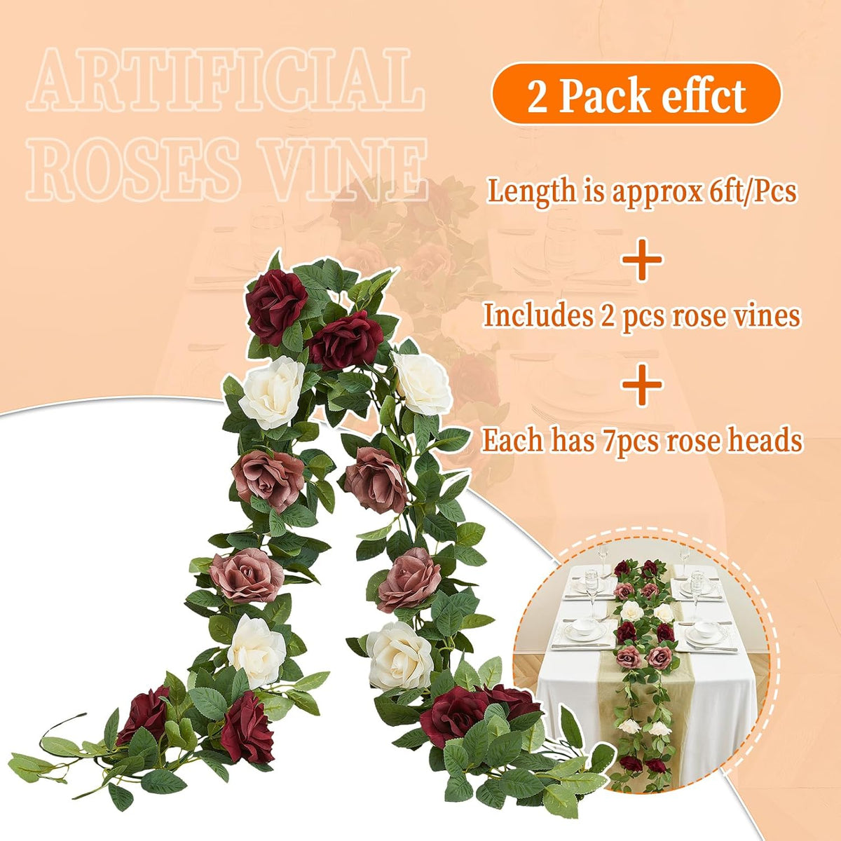 Burgundy Artificial Rose Garlands Rose Vines Leaves Banners Hanging Floral Garland Fake Rose Flower