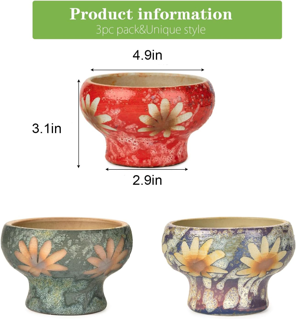 Sungmor Small Succulent Planters Set of 3, Beautiful Hand Crafted Ceramic Plant Pots Cute Cactus