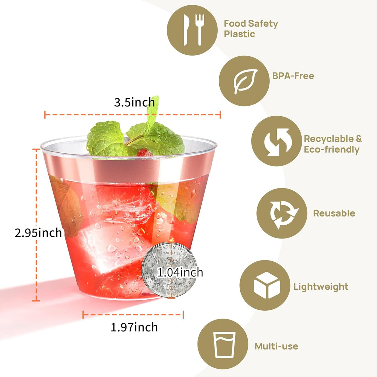 [200 Pack] 9oz Clear Plastic Cups with Rose Gold Rimmed Sturdy & Food Safe Disposable Wine Glasses
