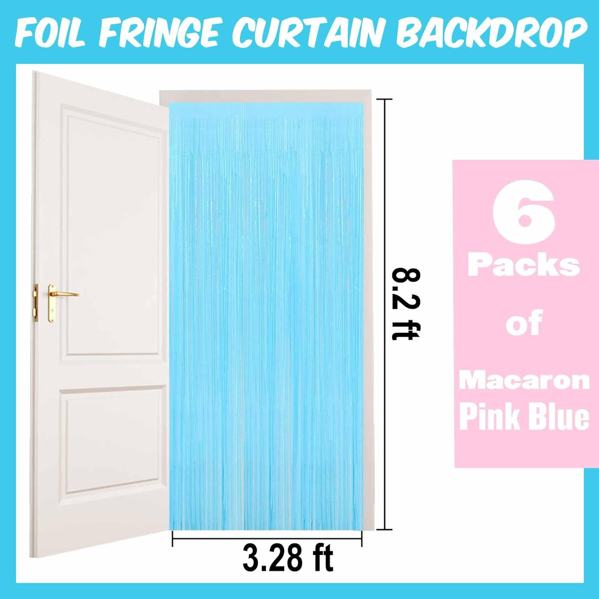 6 Pack Macaron Pink Blue Foil Fringe Curtains Backdrop, 3.28 x 8.2 Ft Metallic Streamers Tinsel