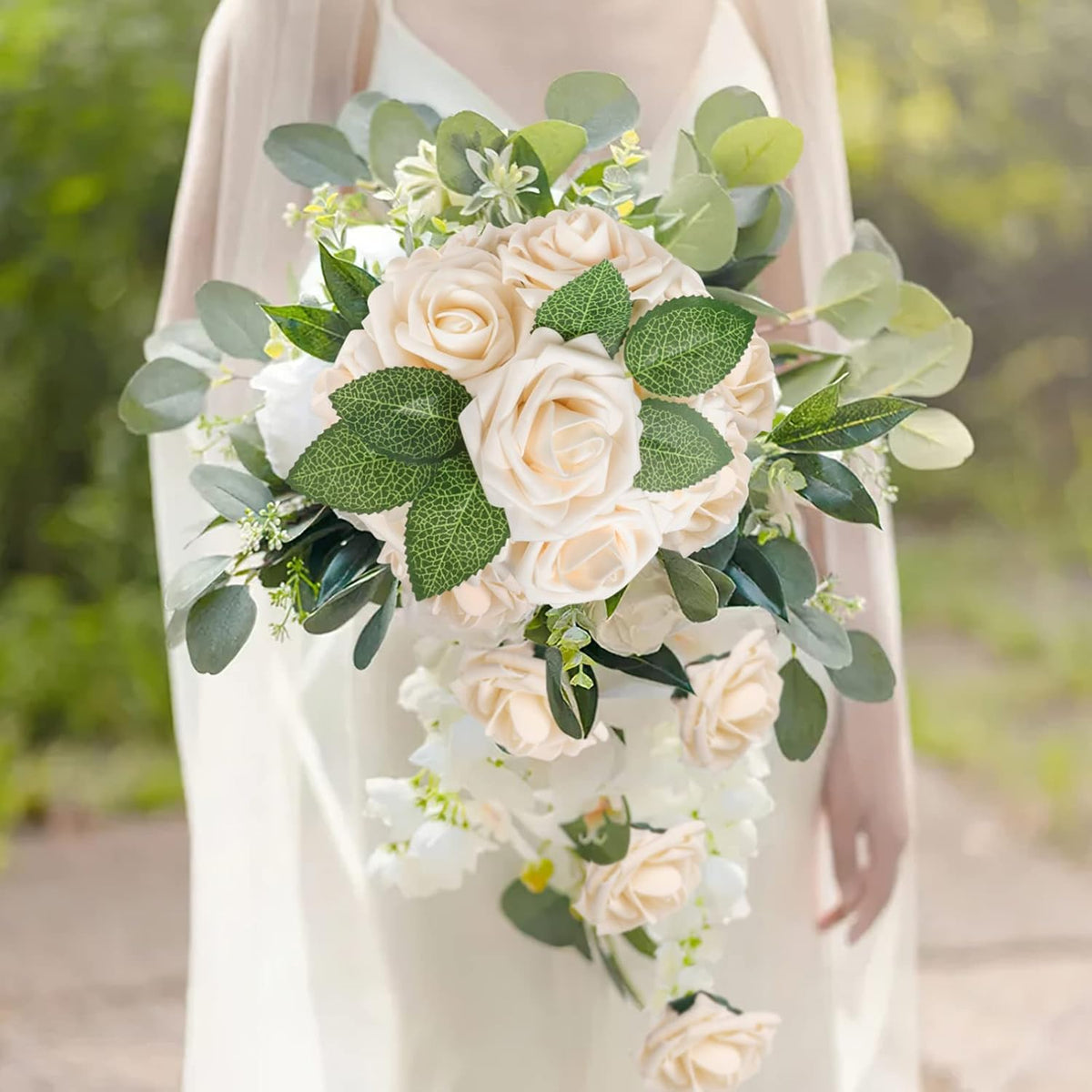 AmyHomie Artificial Flower Champagne Rose 25pcs Real Looking Fake Roses w/Stem for DIY Wedding
