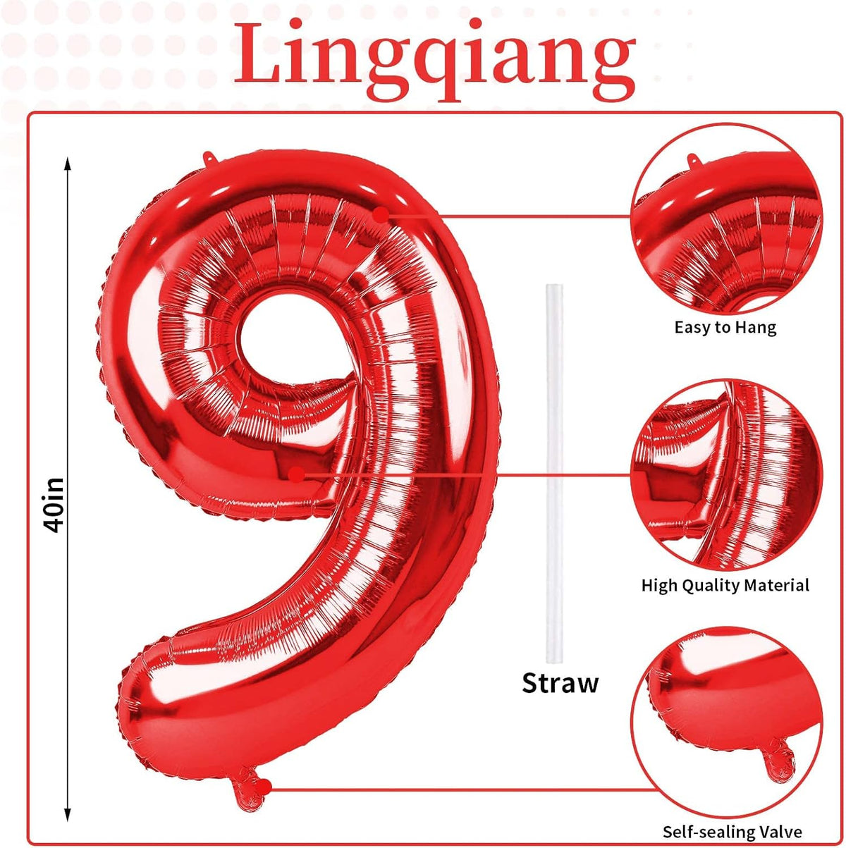 Red 9 Balloons for Boys, 40 Inch Large Foil Number Balloons Set 0-9, Self Inflating Digital 9